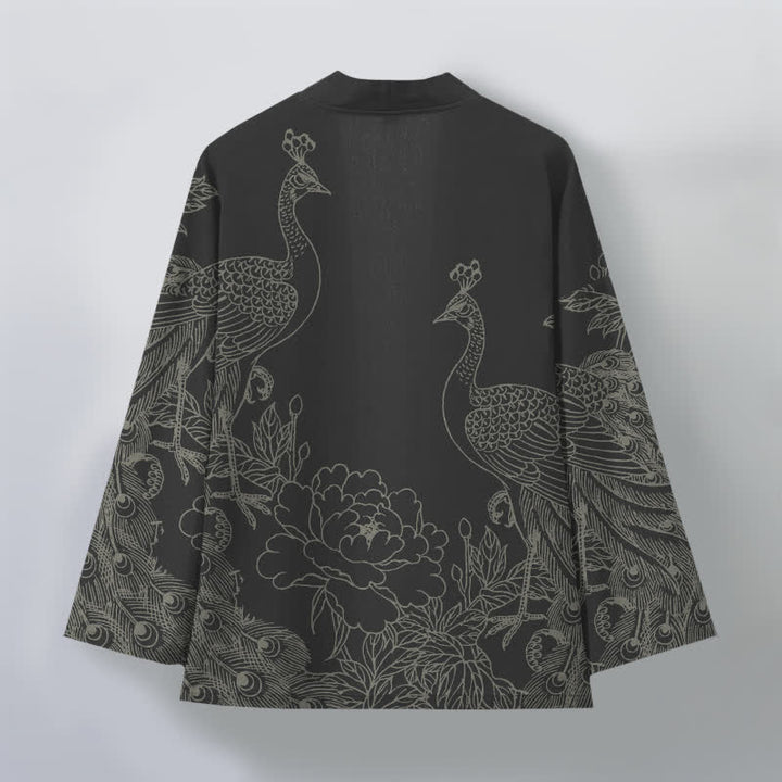 Buddha Stones Cotton Peacock Peony Line Art Pattern Open Front Men's Kimono - image 2
