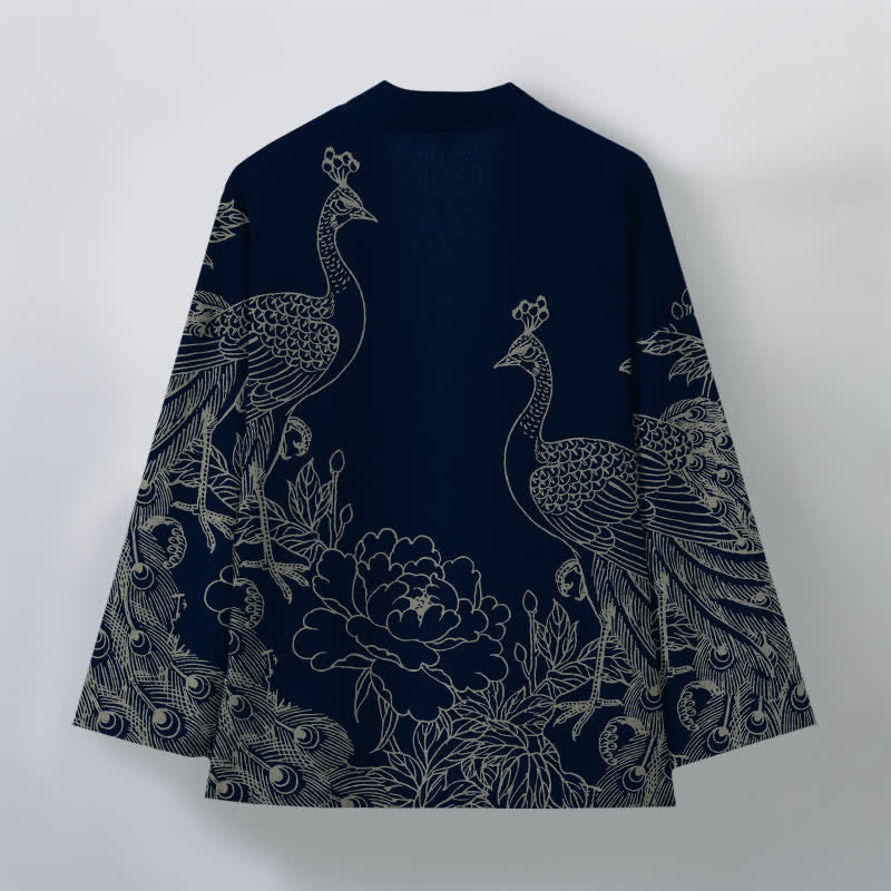 Buddha Stones Cotton Peacock Peony Line Art Pattern Open Front Men's Kimono - image 8