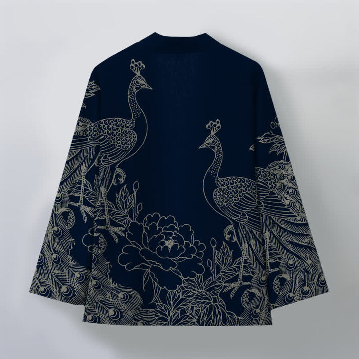 Buddha Stones Cotton Peacock Peony Line Art Pattern Open Front Men's Kimono - image 8