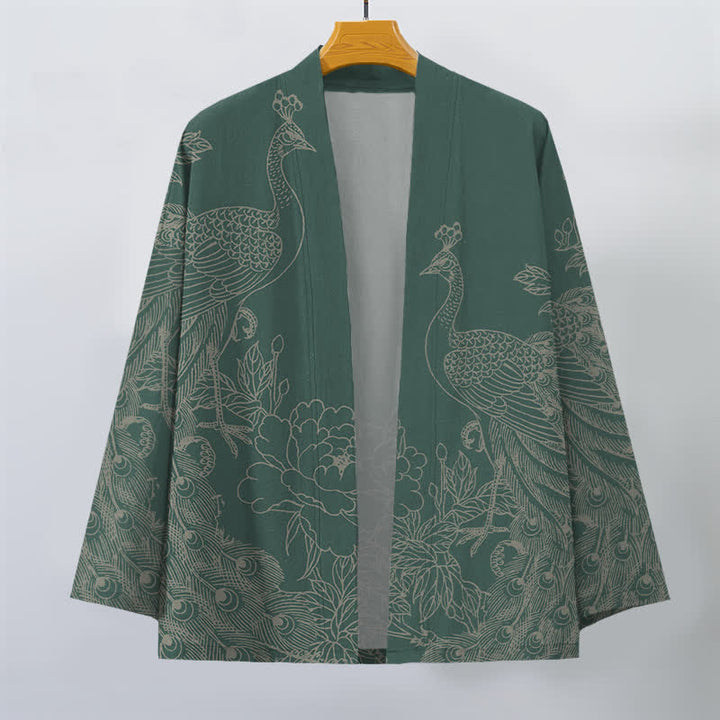Buddha Stones Cotton Peacock Peony Line Art Pattern Open Front Men's Kimono - image 10