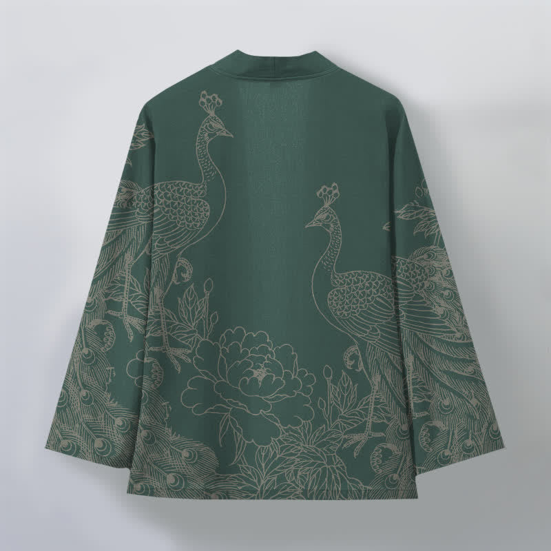 Buddha Stones Cotton Peacock Peony Line Art Pattern Open Front Men's Kimono - image 11