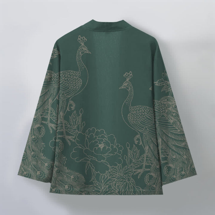 Buddha Stones Cotton Peacock Peony Line Art Pattern Open Front Men's Kimono - image 11