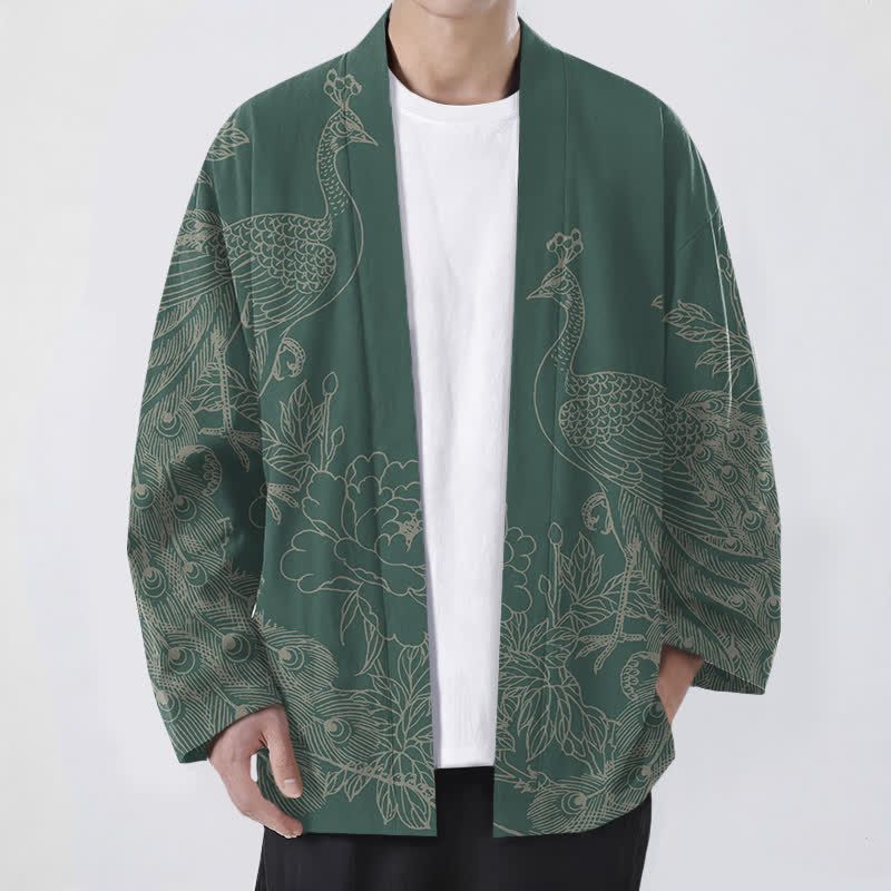 Buddha Stones Cotton Peacock Peony Line Art Pattern Open Front Men's Kimono - MediumSeaGreen - US/UK/AU48，EU58 (4XL) - image 9