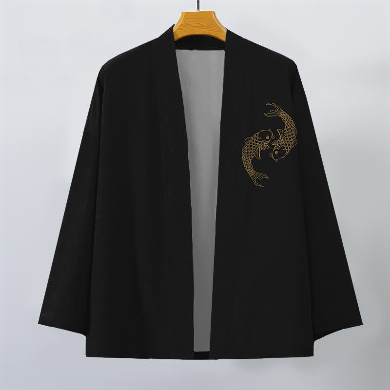 Buddha Stones Cotton Twin Koi Pattern Open Front Men's Kimono - Black - US/UK/AU48，EU58 (4XL) - image 0