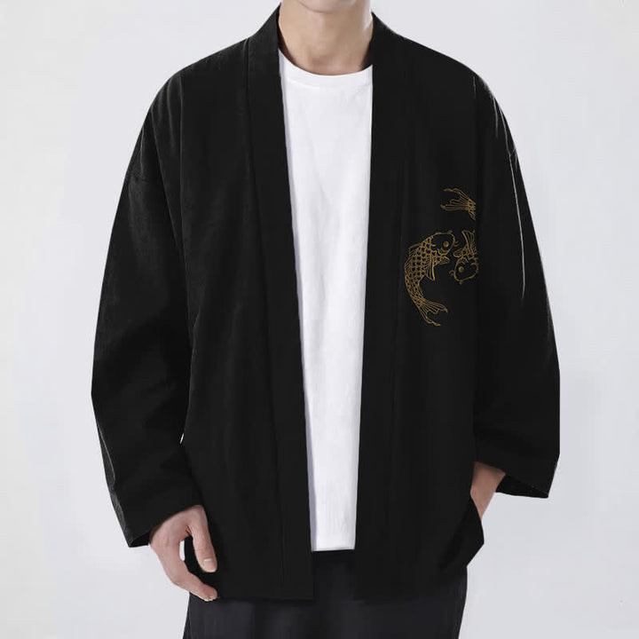 Buddha Stones Cotton Twin Koi Pattern Open Front Men's Kimono - Black - US/UK/AU48，EU58 (4XL) - image 0
