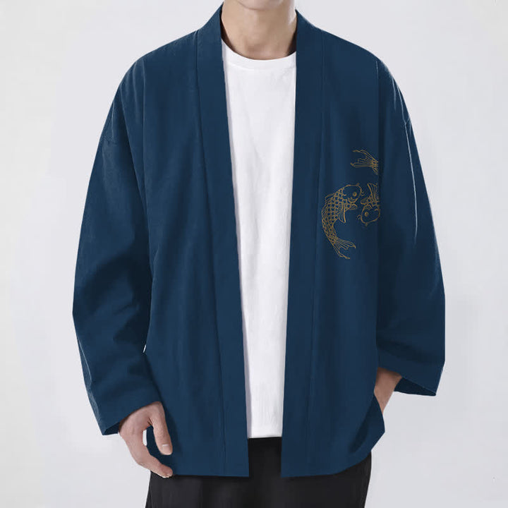 Buddha Stones Cotton Twin Koi Pattern Open Front Men's Kimono - Navy - US/UK/AU48，EU58 (4XL) - image 9
