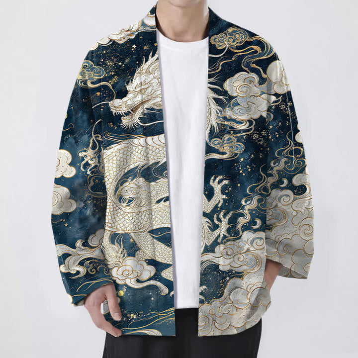 Buddha Stones Cotton Celestial Dragon Swirl Cloud Pattern Open Front Men's Kimono - Navy - US/UK/AU48，EU58 (4XL) - image 0
