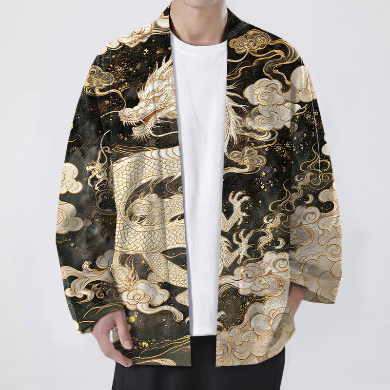 Buddha Stones Cotton Celestial Dragon Swirl Cloud Pattern Open Front Men's Kimono - Khaki - US/UK/AU48，EU58 (4XL) - image 6