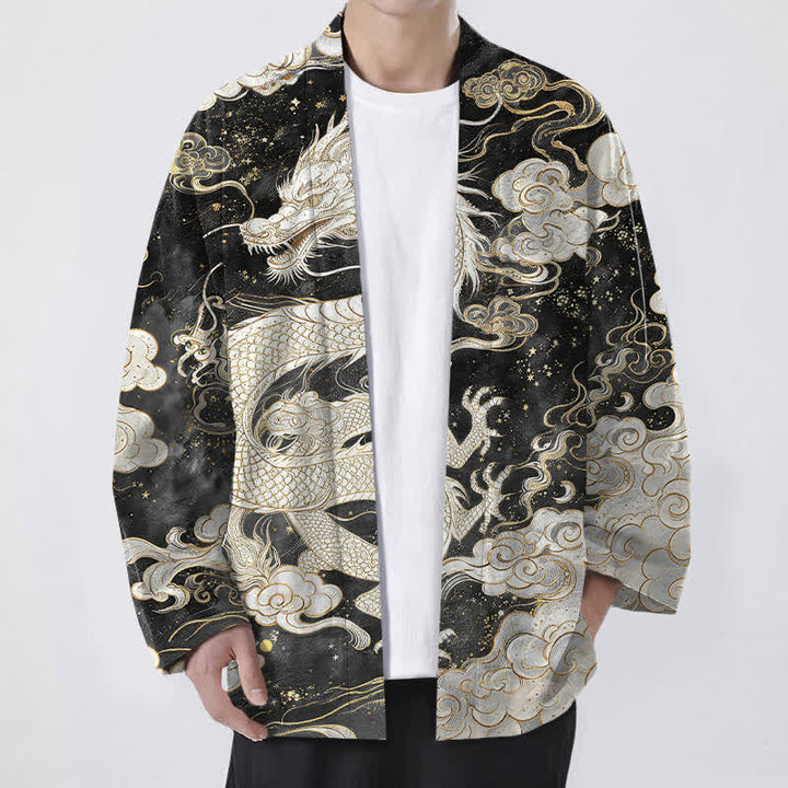 Buddha Stones Cotton Celestial Dragon Swirl Cloud Pattern Open Front Men's Kimono - FloralWhite - US/UK/AU48，EU58 (4XL) - image 9