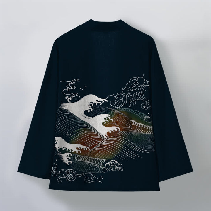 Buddha Stones Cotton Flowing Ocean Wave Pattern Open Front Men's Kimono - image 2