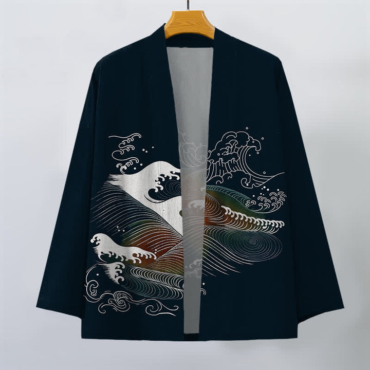 Buddha Stones Cotton Flowing Ocean Wave Pattern Open Front Men's Kimono - image 1