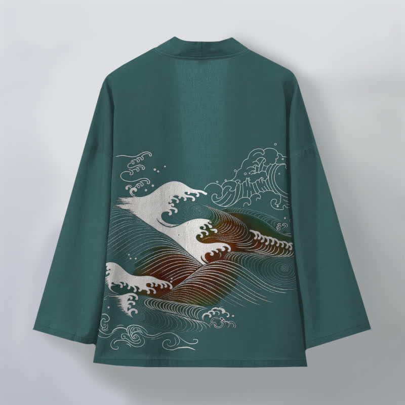 Buddha Stones Cotton Flowing Ocean Wave Pattern Open Front Men's Kimono - image 8