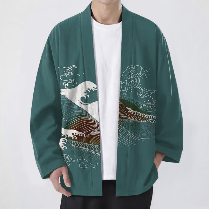 Buddha Stones Cotton Flowing Ocean Wave Pattern Open Front Men's Kimono - Teal - US/UK/AU48，EU58 (4XL) - image 6