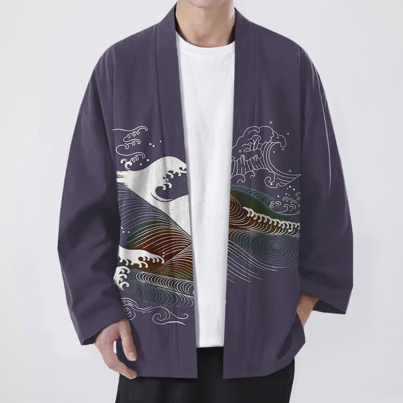 Buddha Stones Cotton Flowing Ocean Wave Pattern Open Front Men's Kimono - DarkSlateBlue - US/UK/AU48，EU58 (4XL) - image 9