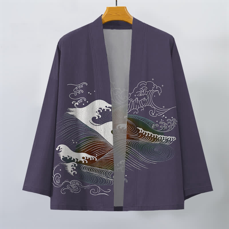 Buddha Stones Cotton Flowing Ocean Wave Pattern Open Front Men's Kimono - image 10