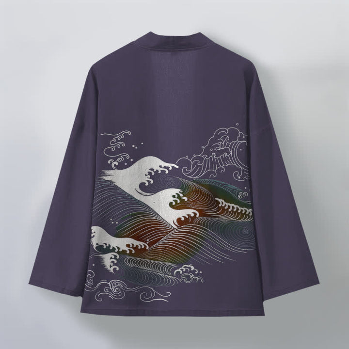 Buddha Stones Cotton Flowing Ocean Wave Pattern Open Front Men's Kimono - image 11
