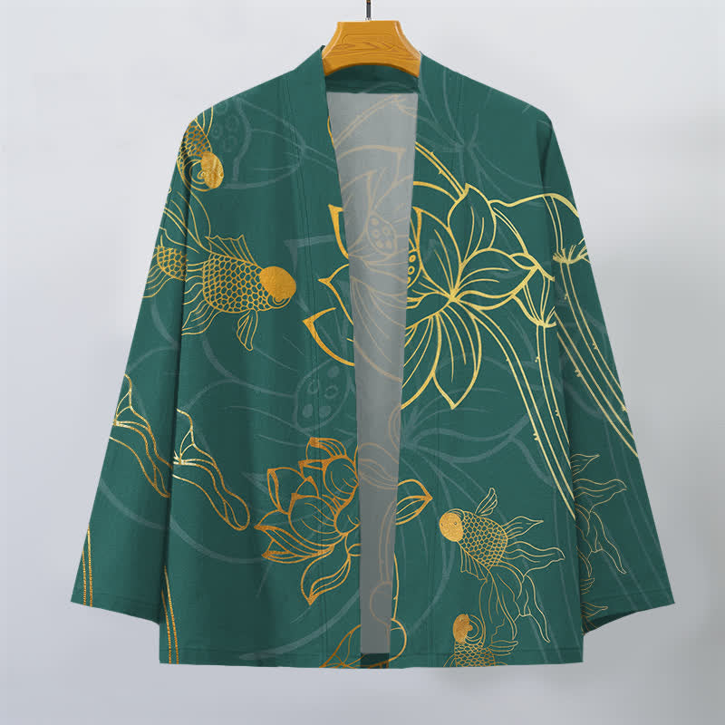 Buddha Stones Cotton Koi Lotus Pattern Open Front Men's Kimono - image 1