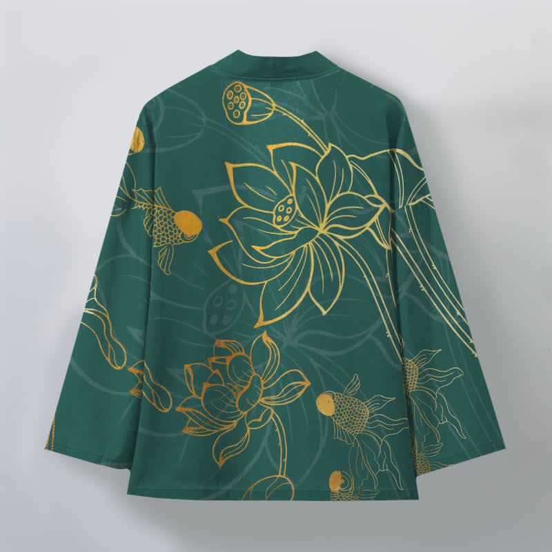 Buddha Stones Cotton Koi Lotus Pattern Open Front Men's Kimono - image 2