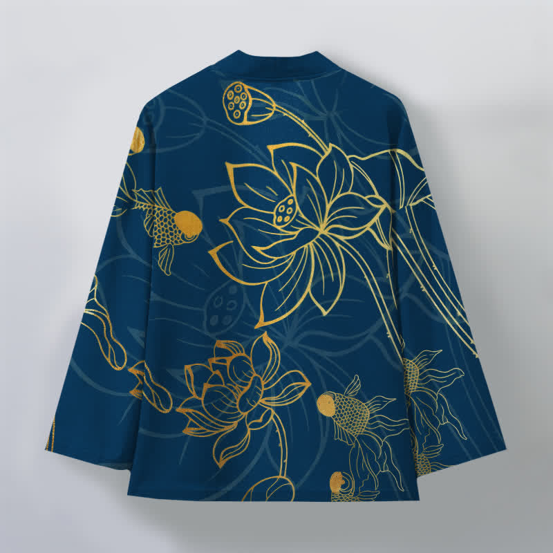 Buddha Stones Cotton Koi Lotus Pattern Open Front Men's Kimono - image 8
