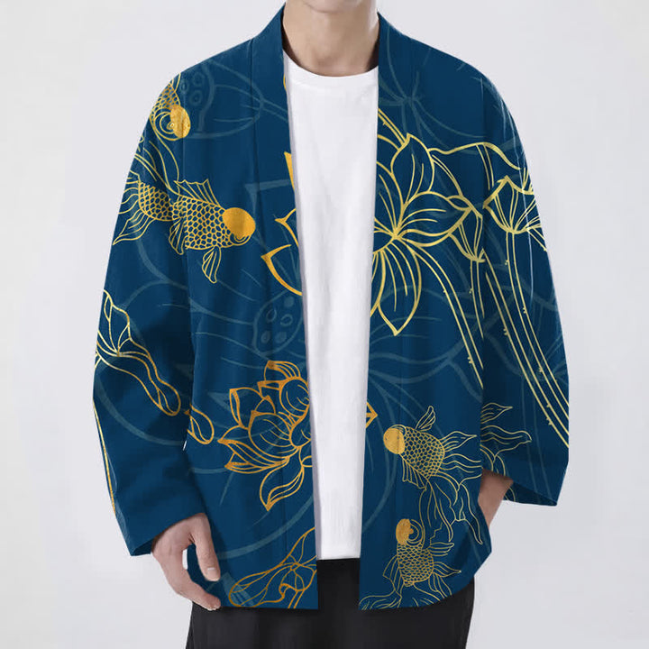 Buddha Stones Cotton Koi Lotus Pattern Open Front Men's Kimono - Navy - US/UK/AU48，EU58 (4XL) - image 6