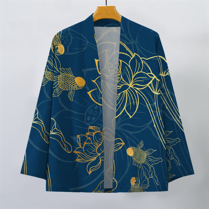 Buddha Stones Cotton Koi Lotus Pattern Open Front Men's Kimono - image 7