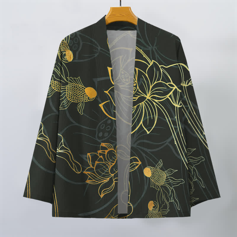 Buddha Stones Cotton Koi Lotus Pattern Open Front Men's Kimono - image 10