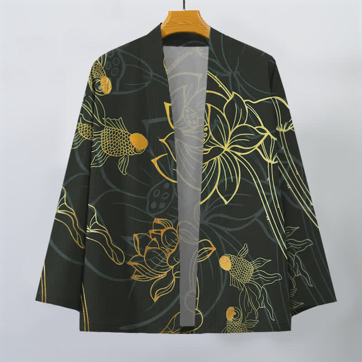 Buddha Stones Cotton Koi Lotus Pattern Open Front Men's Kimono - image 10