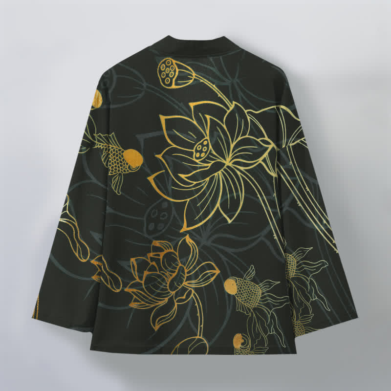 Buddha Stones Cotton Koi Lotus Pattern Open Front Men's Kimono - image 11