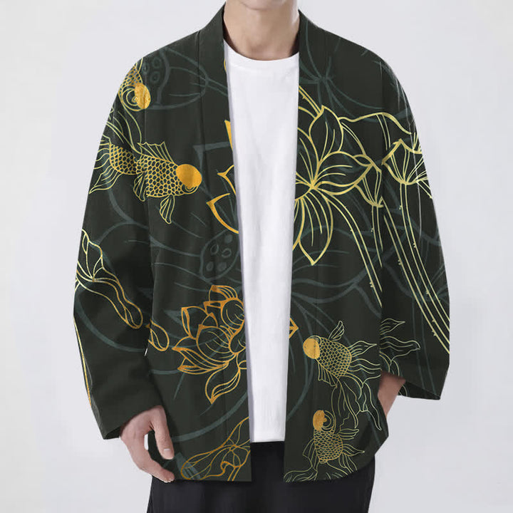 Buddha Stones Cotton Koi Lotus Pattern Open Front Men's Kimono - Black - US/UK/AU48，EU58 (4XL) - image 9