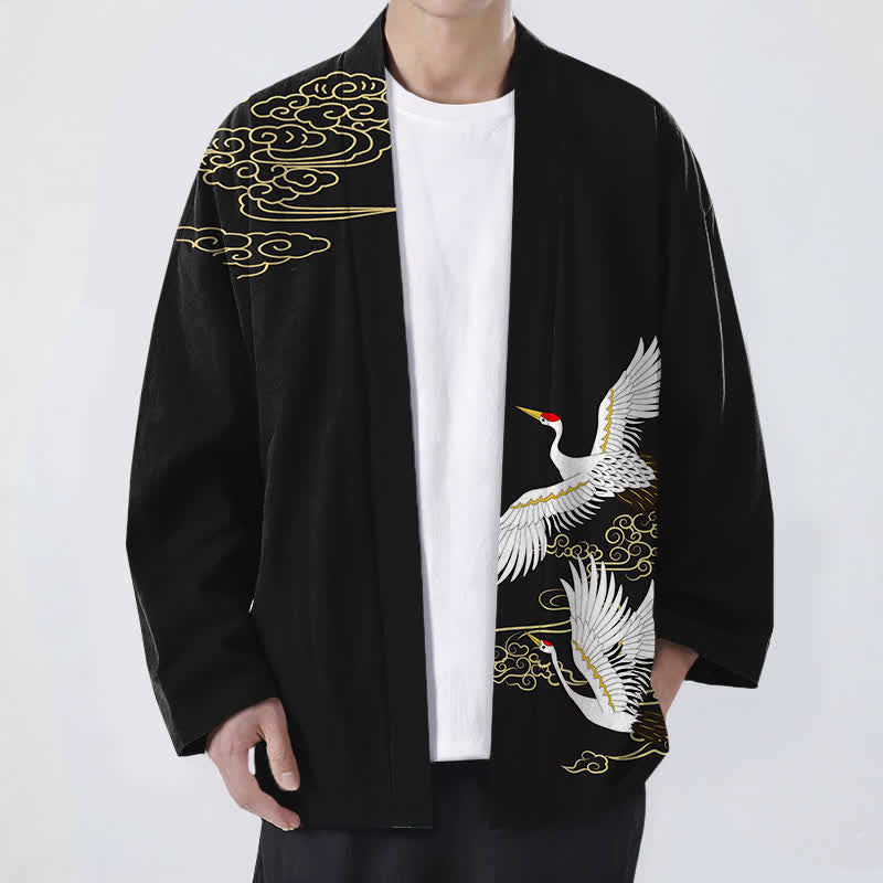 Buddha Stones Cotton White Crane Auspicious Cloud Pattern Open Front Men's Kimono - Black - US/UK/AU48，EU58 (4XL) - image 0