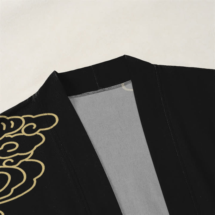 Buddha Stones Cotton White Crane Auspicious Cloud Pattern Open Front Men's Kimono - image 3