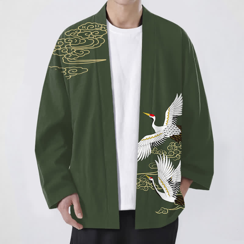 Buddha Stones Cotton White Crane Auspicious Cloud Pattern Open Front Men's Kimono - DarkOliveGreen - US/UK/AU48，EU58 (4XL) - image 6