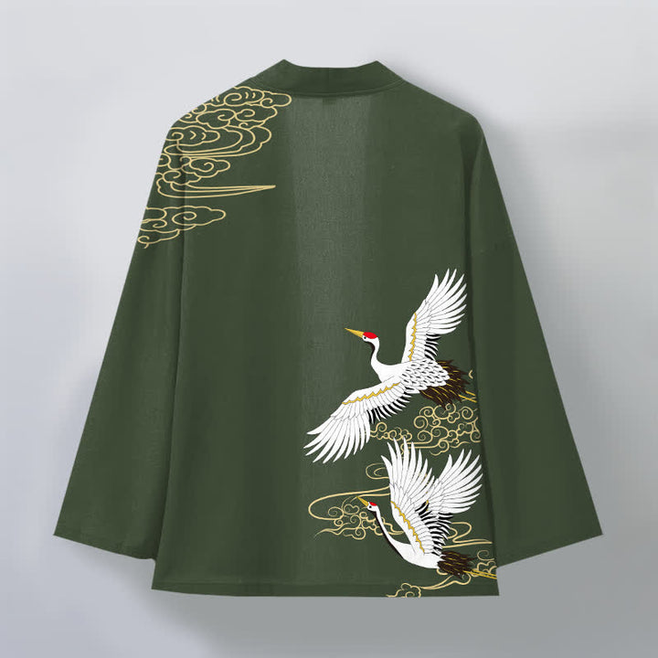 Buddha Stones Cotton White Crane Auspicious Cloud Pattern Open Front Men's Kimono - image 8