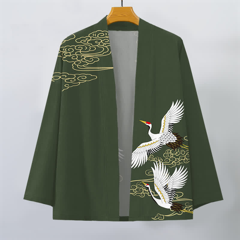 Buddha Stones Cotton White Crane Auspicious Cloud Pattern Open Front Men's Kimono - image 7