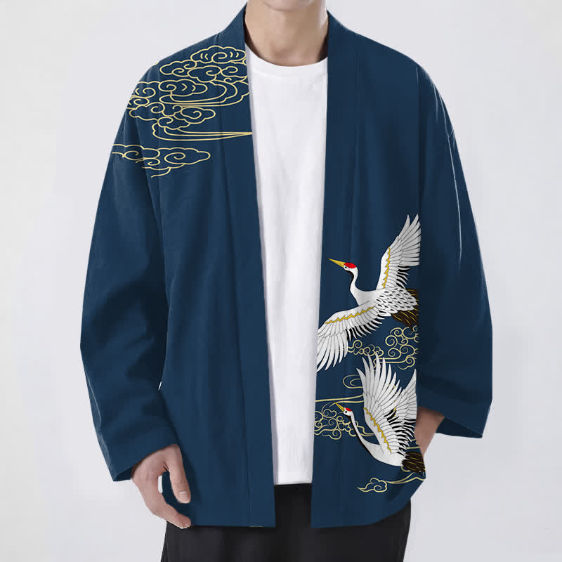 Buddha Stones Cotton White Crane Auspicious Cloud Pattern Open Front Men's Kimono - Navy - US/UK/AU48，EU58 (4XL) - image 9