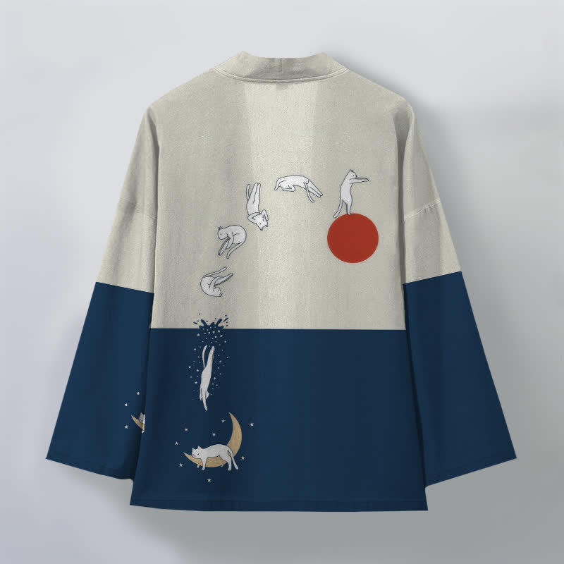 Buddha Stones Cotton Cat Sun Crescent Pattern Open Front Men's Kimono - image 2