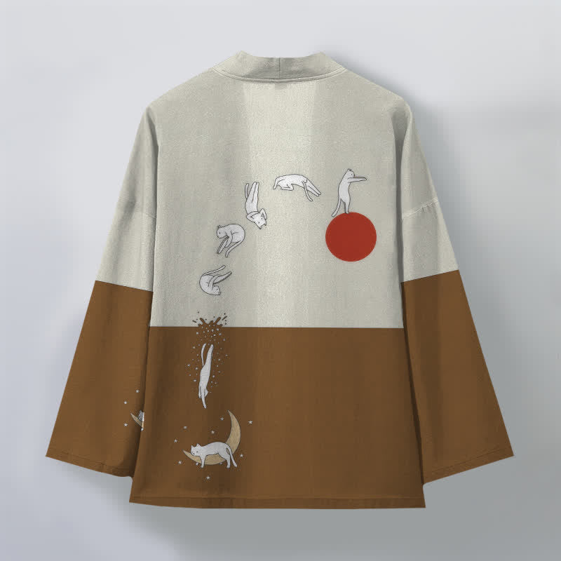 Buddha Stones Cotton Cat Sun Crescent Pattern Open Front Men's Kimono - image 8
