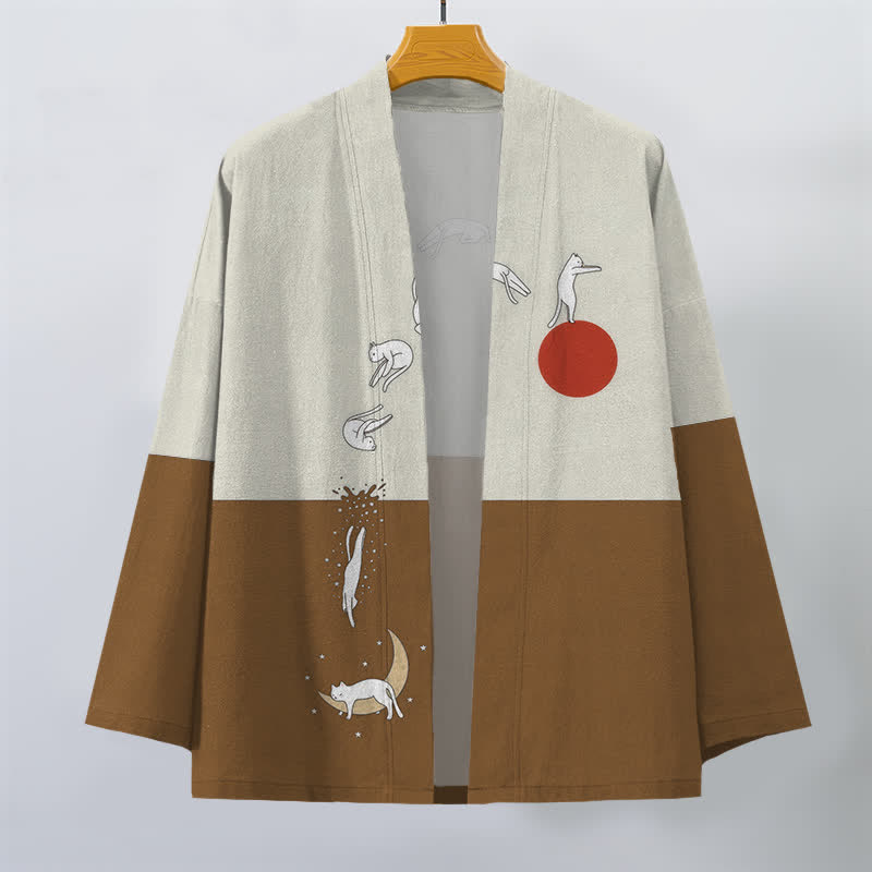 Buddha Stones Cotton Cat Sun Crescent Pattern Open Front Men's Kimono - image 7