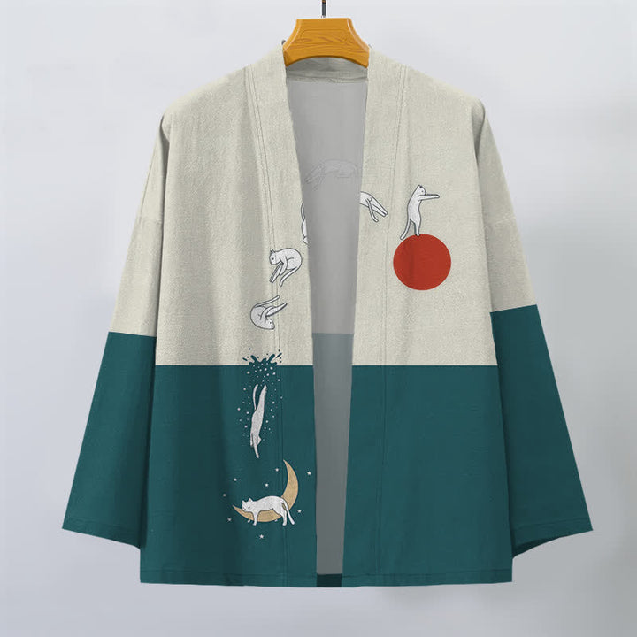Buddha Stones Cotton Cat Sun Crescent Pattern Open Front Men's Kimono - image 10