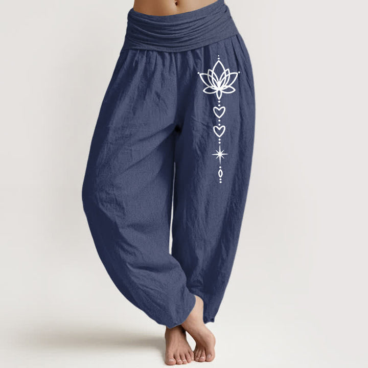 Buddha Stones Pure Cotton Lotus Heart Star Pattern Women's Elastic Waist Harem Pants - DarkSlateBlue - US16，UK/AU20，EU48 (3XL) - image 5