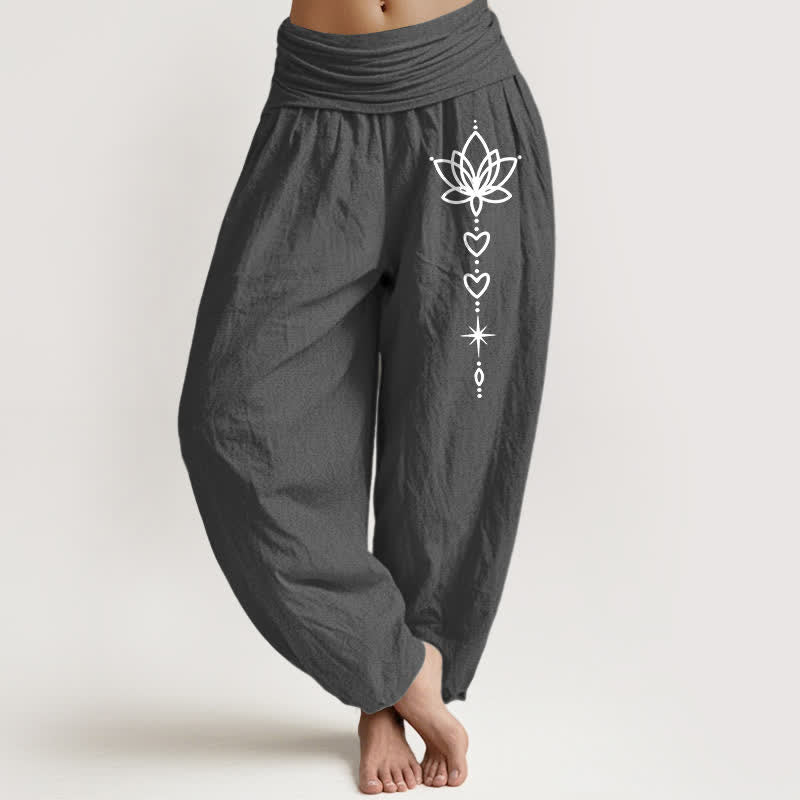 Buddha Stones Pure Cotton Lotus Heart Star Pattern Women's Elastic Waist Harem Pants - DimGray - US16，UK/AU20，EU48 (3XL) - image 8