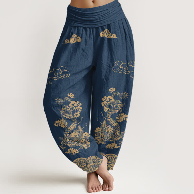 Buddha Stones Cotton Vintage Dragon Swirl Cloud Pattern Women's Elastic Waist Harem Pants - Navy - US16，UK/AU20，EU48 (3XL) - image 0