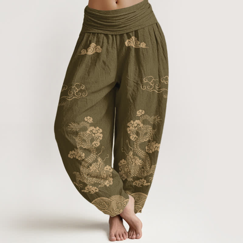 Buddha Stones Cotton Vintage Dragon Swirl Cloud Pattern Women's Elastic Waist Harem Pants - DarkKhaki - US16，UK/AU20，EU48 (3XL) - image 5