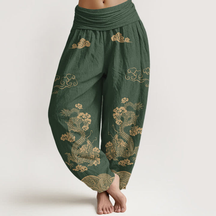 Buddha Stones Cotton Vintage Dragon Swirl Cloud Pattern Women's Elastic Waist Harem Pants - DarkGreen - US16，UK/AU20，EU48 (3XL) - image 8