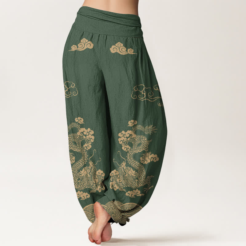Buddha Stones Cotton Vintage Dragon Swirl Cloud Pattern Women's Elastic Waist Harem Pants - image 10