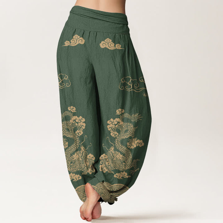 Buddha Stones Cotton Vintage Dragon Swirl Cloud Pattern Women's Elastic Waist Harem Pants - image 10
