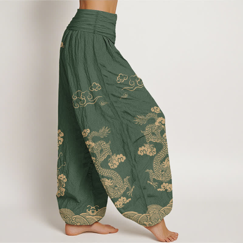 Buddha Stones Cotton Vintage Dragon Swirl Cloud Pattern Women's Elastic Waist Harem Pants - image 9