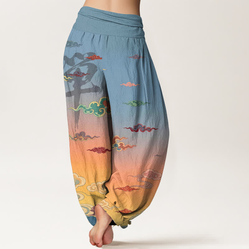 Buddha Stones Cotton Zen Oriental Cloud Wash Pattern Women's Elastic Waist Harem Pants - image 2