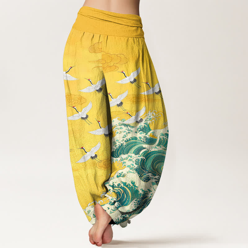 Buddha Stones Cotton White Crane Sea Wave Pattern Women's Elastic Waist Harem Pants - image 2