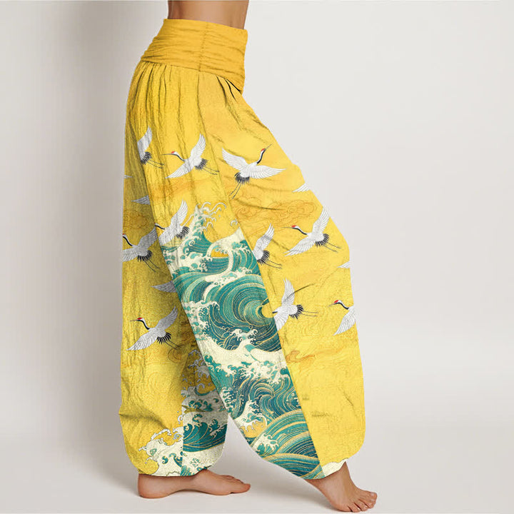 Buddha Stones Cotton White Crane Sea Wave Pattern Women's Elastic Waist Harem Pants - image 1